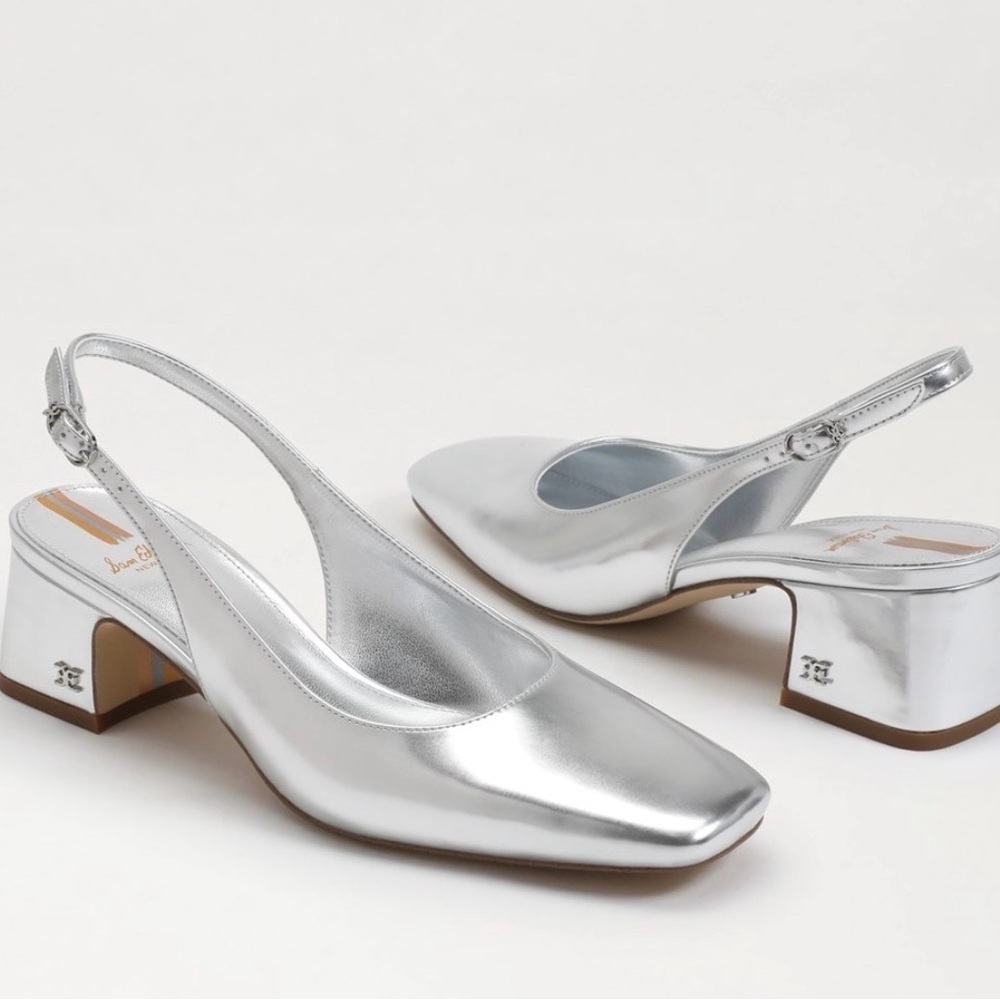 NEW Sam Edelman Terra Slingback Block Heel Soft Silver Leather Bridal Shoe 7.5